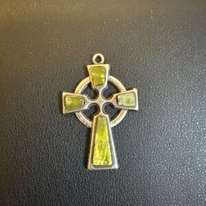 Vintage Sterling Silver Celtic Cross Pendant with Green Connemara Marble Inlay